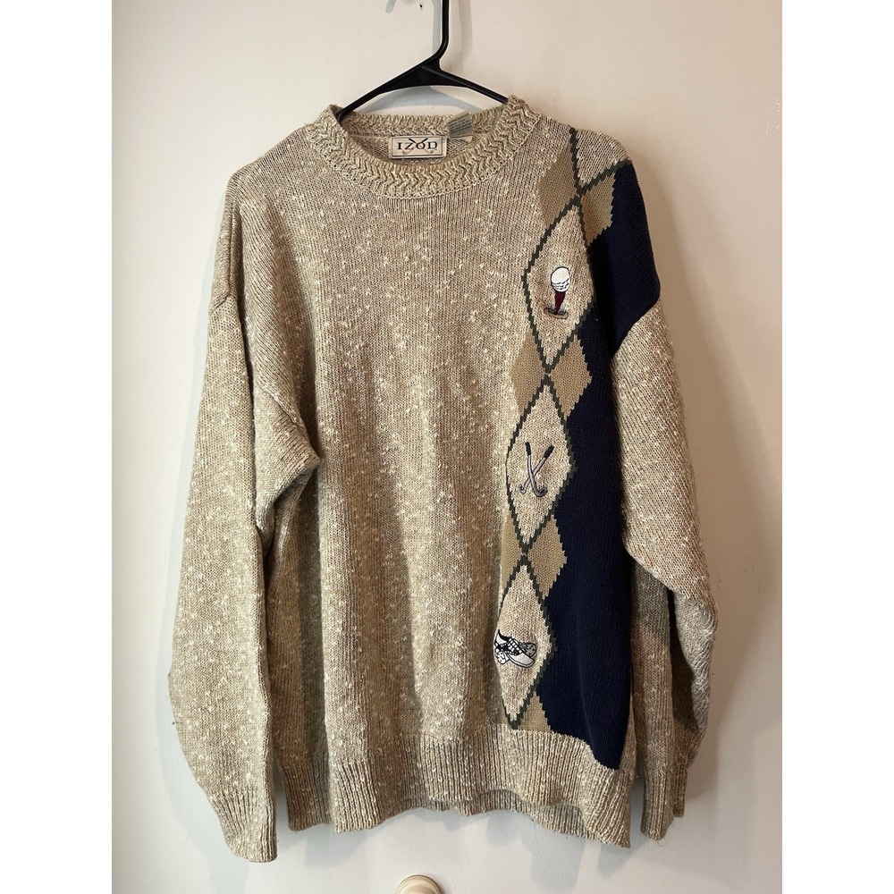 IZOD GOLF Mens M Beige Ramie Linen Blend Pullover Sweater Crew‎ Neck 80's Argyle